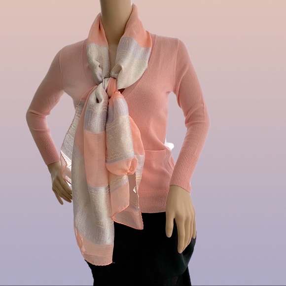 Anthropologie Accessories - Pink Peach Sheer Silver Stripe Silk Scarf Wrap Shawl Silk Blend